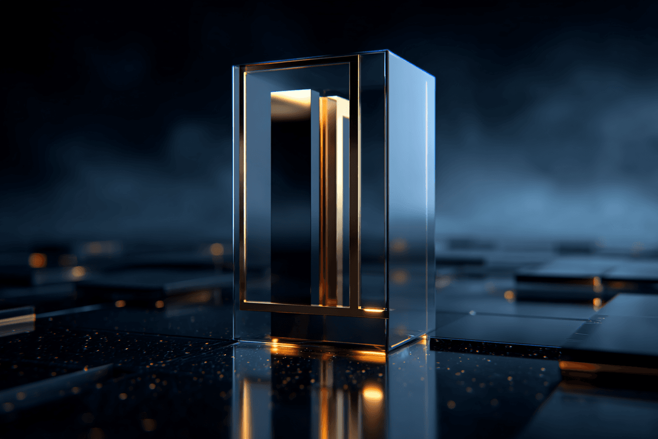 A single illuminated gold and glass structure rising from a connected dark landscape: the Nexus platform.